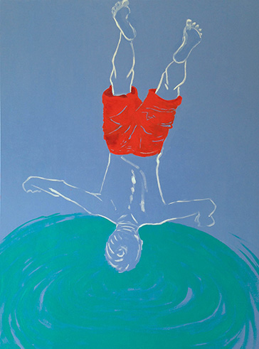 Ein Mann mit roter Badehose, der ins Wasser springt, Rückenansicht, Öl auf Leinwand 135x100cm 2017