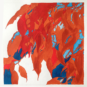 Blätter, Orange- und Blautöne, Aquarell auf Papier 50x50cm 2018