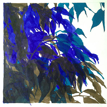 Blätter, Blau-und Bronzetöne, Aquarell auf Papier 50x50cm 2018