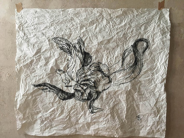 Verwelkende Tulpen, Tusche auf gecrushtem Japanpapier 120x100cm 2019