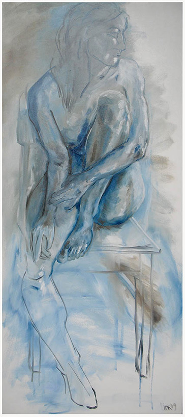 Sitzende, Aktstudie in Blau, Öl auf Leinwand 135x60cm 2007