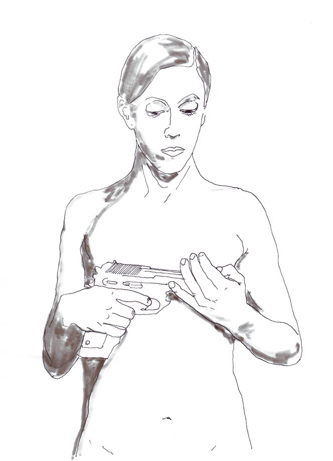 Nackte Frau mit einer Waffe in der Hand, Tusche und Filzstift auf Transparentpapier 15x20cm 2019