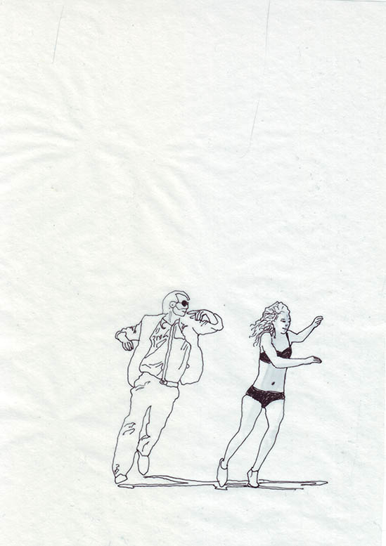 Mann läuft hinter Frau her, Tusche auf Transparentpapier 20x30cm 2019