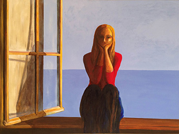 Lisa am Fenster sitzend, im Hintergrund das Meer, Insel Rügen, Öl auf Leinwand 135x100cm 2017