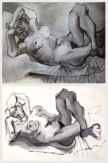 Original: Picasso, liegende Frau in schwarz-weiß, Kopie: Acryl auf Malpappe 135x70cm 2007