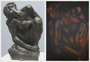 Sitzende von Rodin (Postkarte der Skulptur in schwarz-weiß) und Kopie als Ölbild in bronce anmutenden Farben