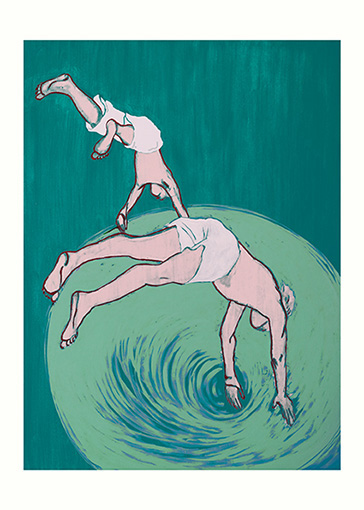 Zwei Jungs ins Wasser springend, grün und rosa, Fine Art Print 20x30cm Auflage 20