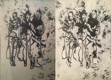 Original: 3 Frauen, Oliver Vaccaro, Zeichnung auf Transparentpapier 2x3cm, Kopie: Öl auf Leinwand 100x135cm 2018